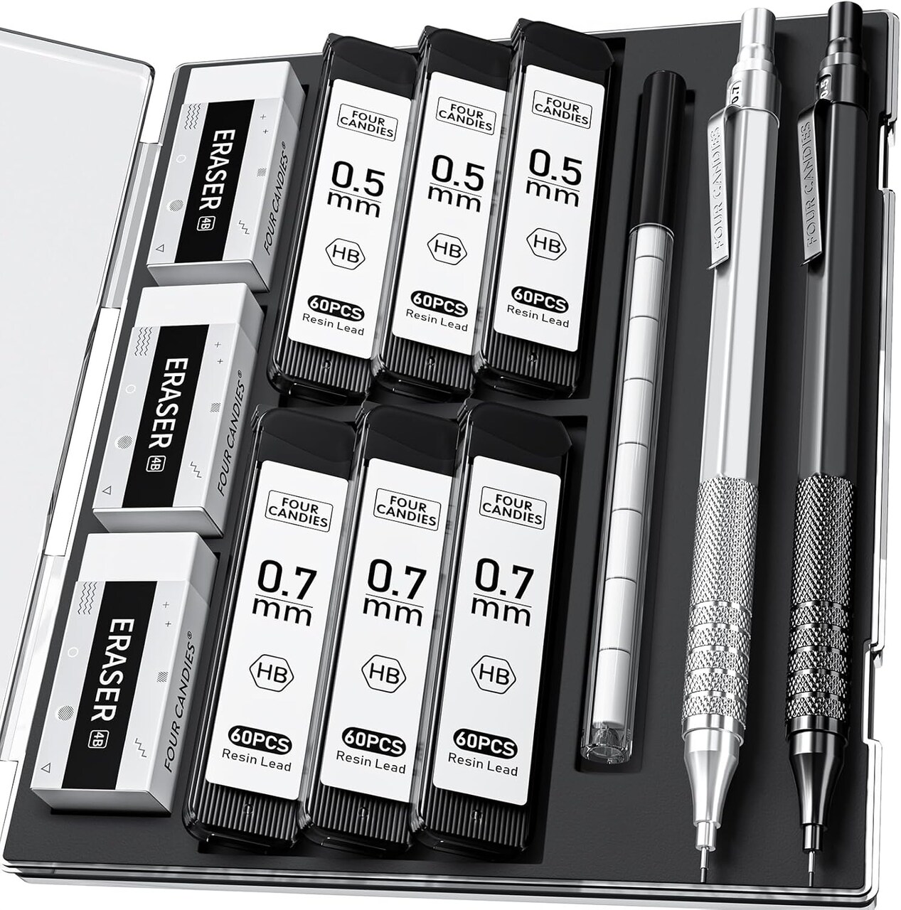2-Piece Metal Mechanical Pencil Set – 0.5mm & 0.7mm with 360 HB Lead Refills, 3 Erasers & 9 Eraser Refills in Case – Ideal for Writing, Drafting, Drawing, and Sketching (Black & Silver)